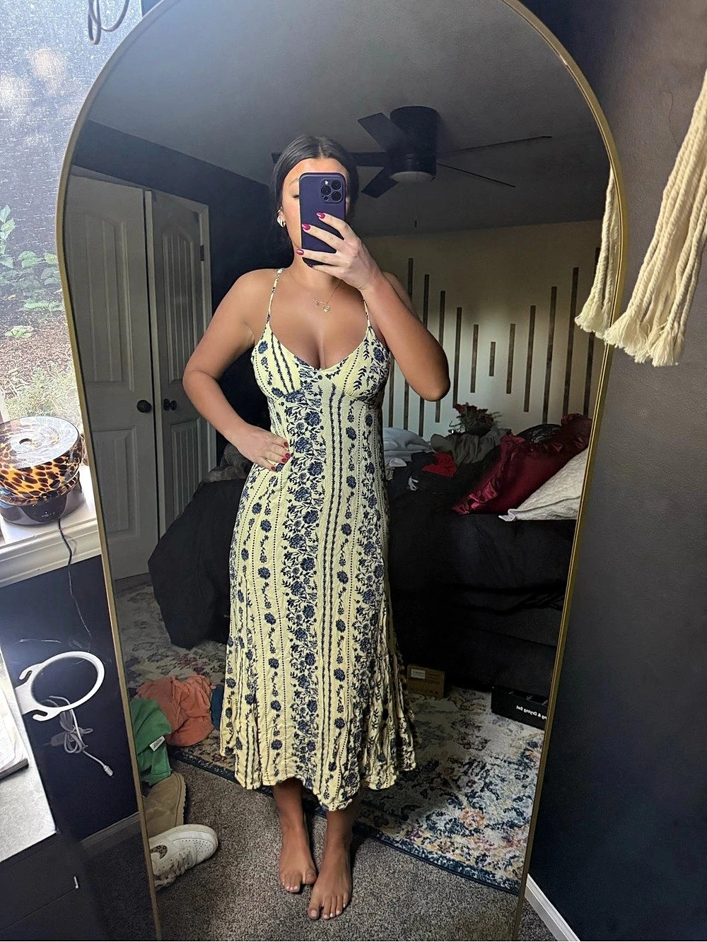 true Floral Open Back Midi Dress in Yellow & Blue Size Medium - Picture 2 of 6